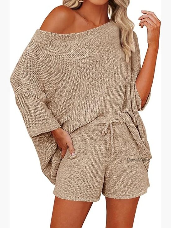 Off Shoulder Knit Top and Shorts Lounge Set Acrylic Nylon Size Medium